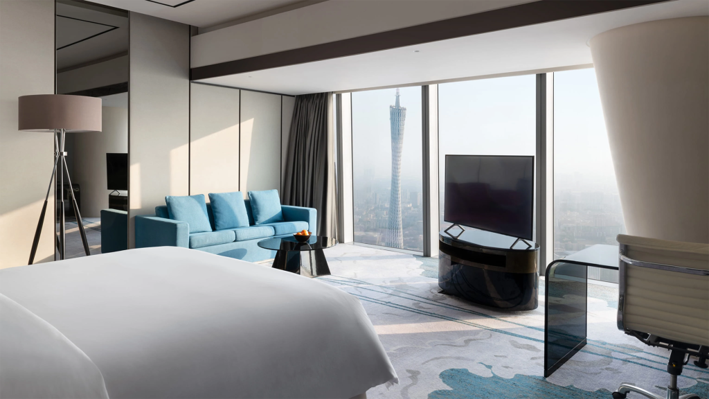 Striking hotel interior with panoramic city views at Four Seasons Guangzhou.