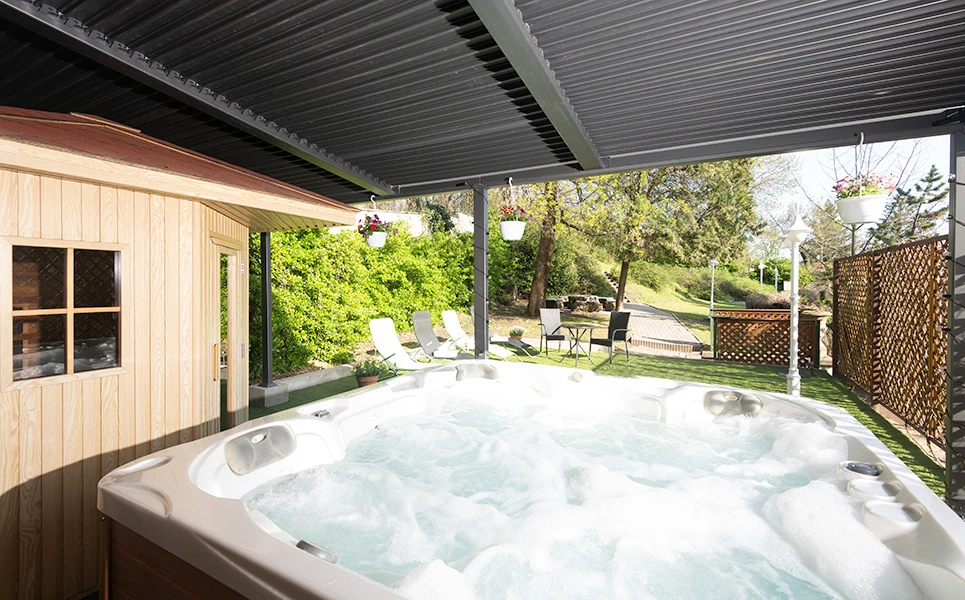 Overly bright jacuzzi area with washed-out details due to poor lighting