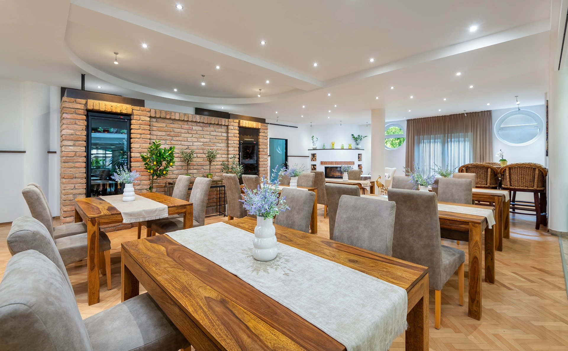 Cozy hotel bar with wooden furniture and warm ambiance