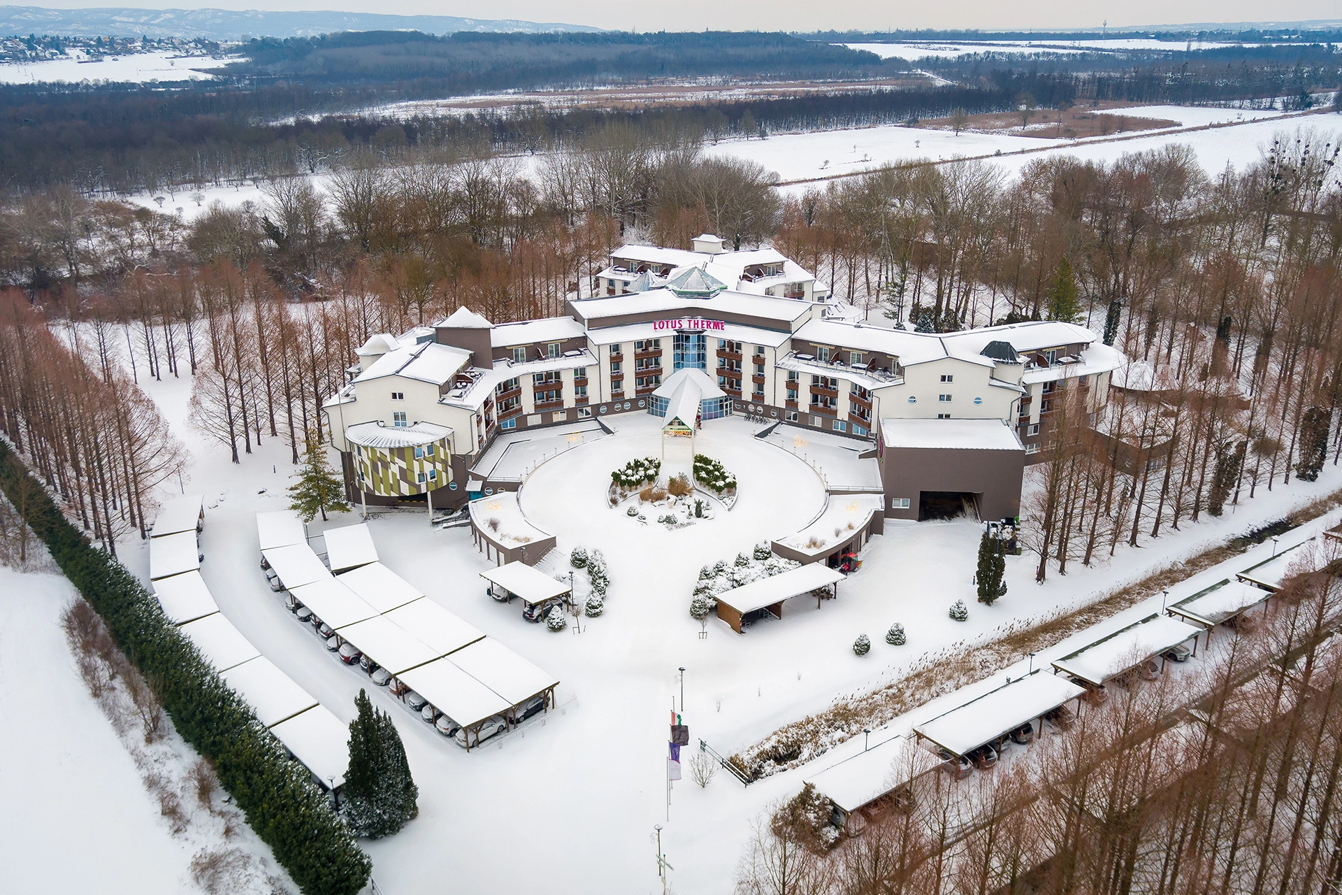 Lotus Therme Hotel & Spa aerial winter view in Hévíz