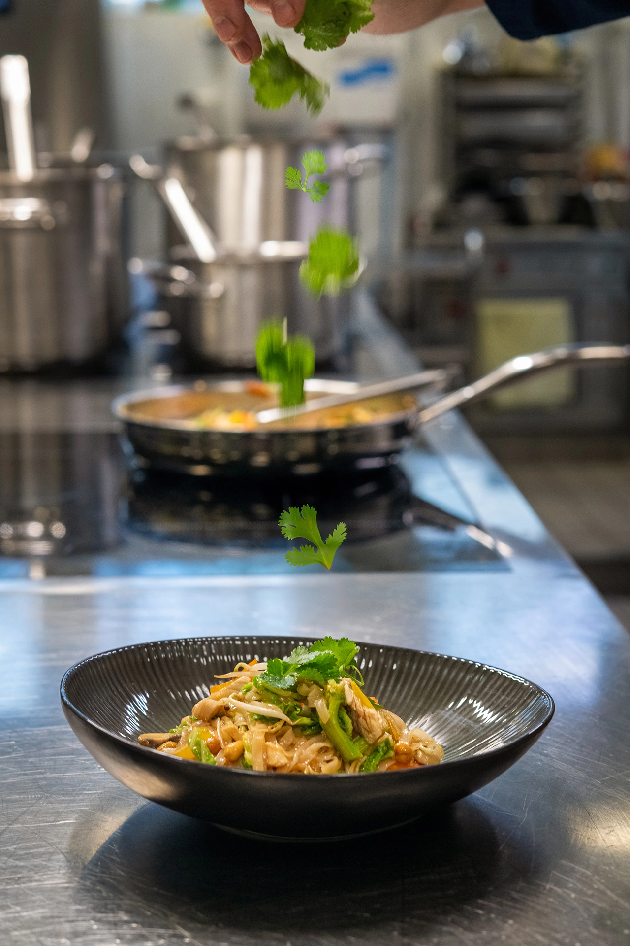 Chef adding fresh herbs to plated noodle dish in kitchen