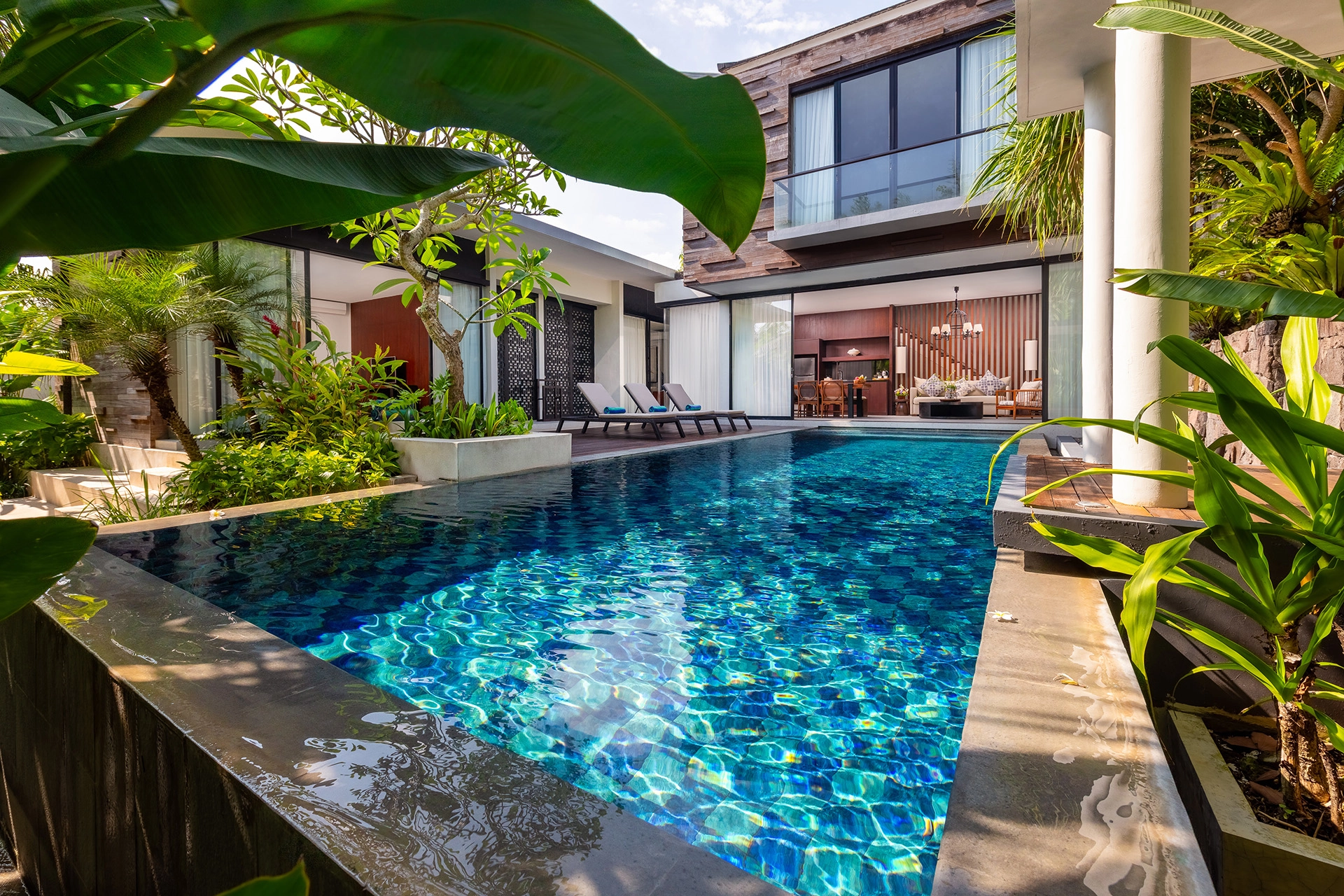 Modern Bali villa with tropical pool and open living space