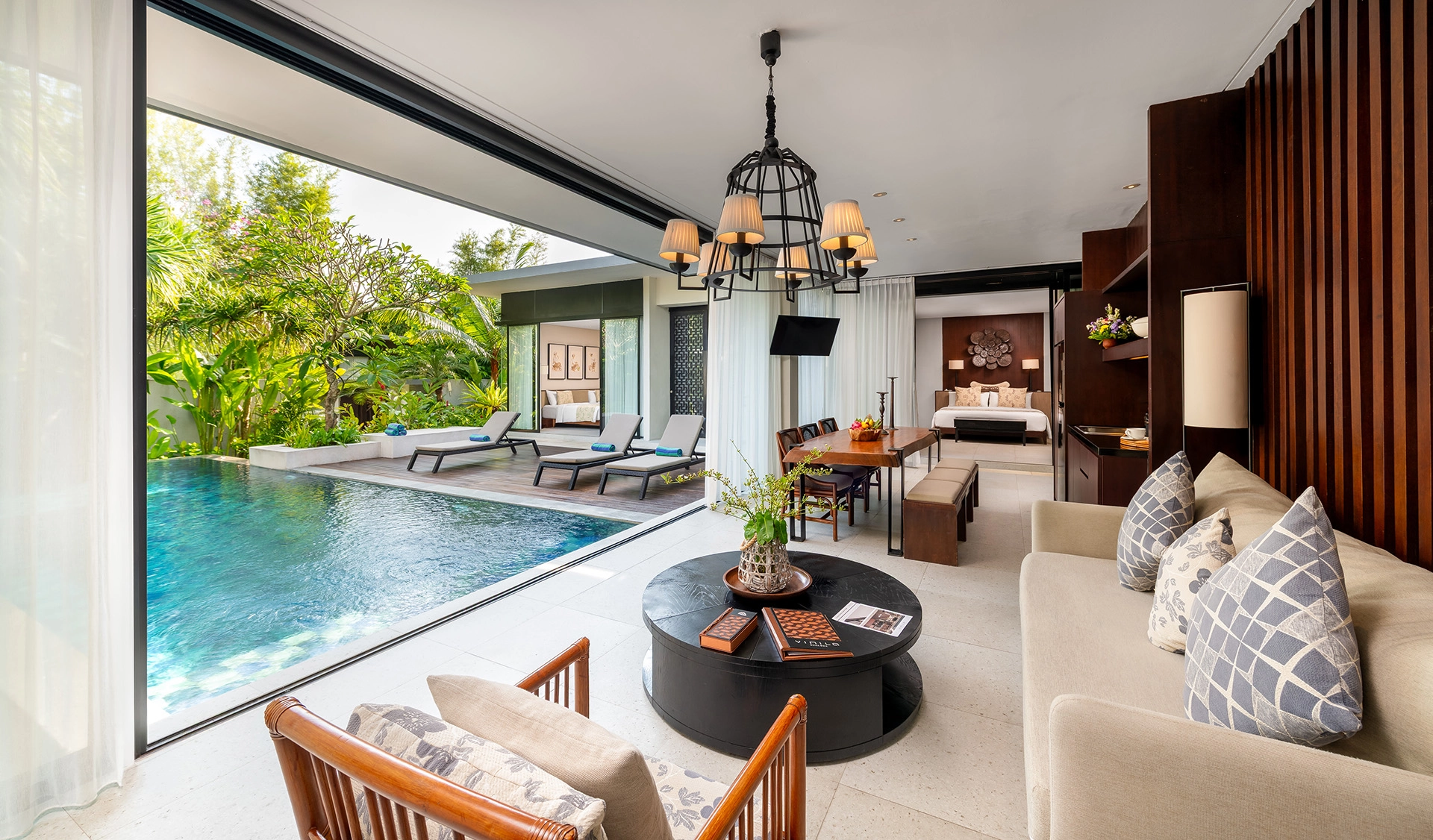 Interior view of luxury Bali villa overlooking swimming pool