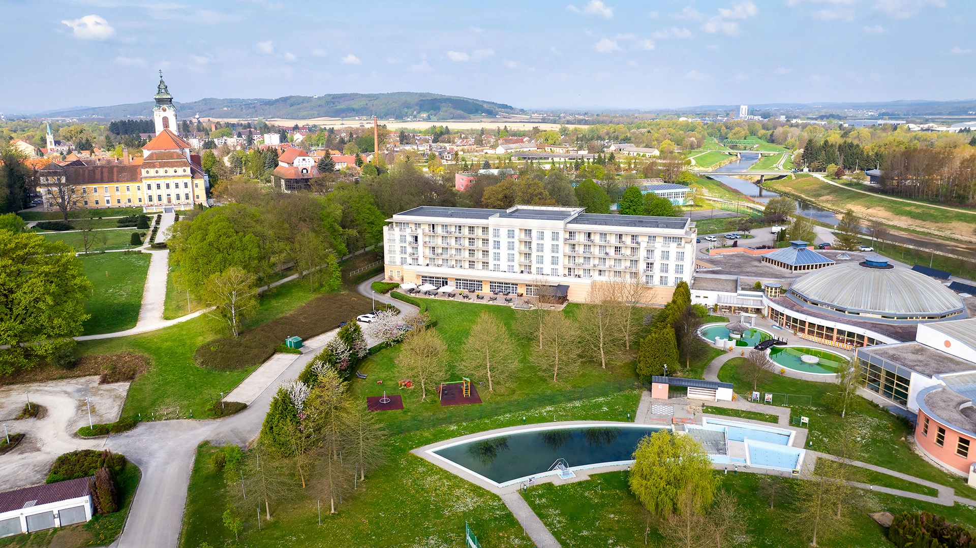Drone aerial photograph of Szentgotthárd Therme Hotel and thermal spa.
