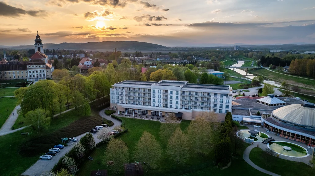 Complete hotel photography of Szentgotthárd Therme Hotel with drone aerial view at sunset.